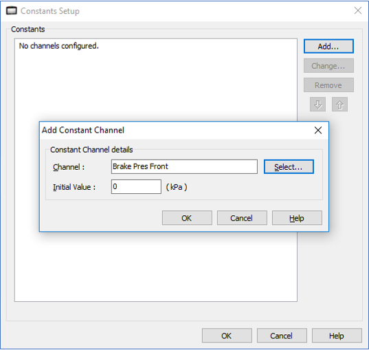 Screenshot of Dash Manager software with Add Constant Channel window open.