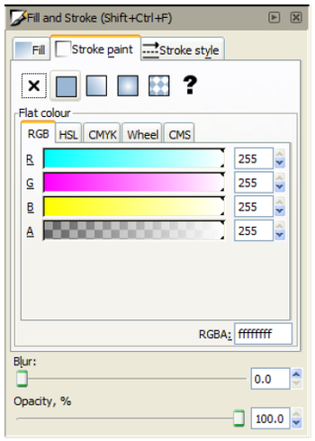 Inkscape Fill and Stroke Menu with 100% Opacity selected.