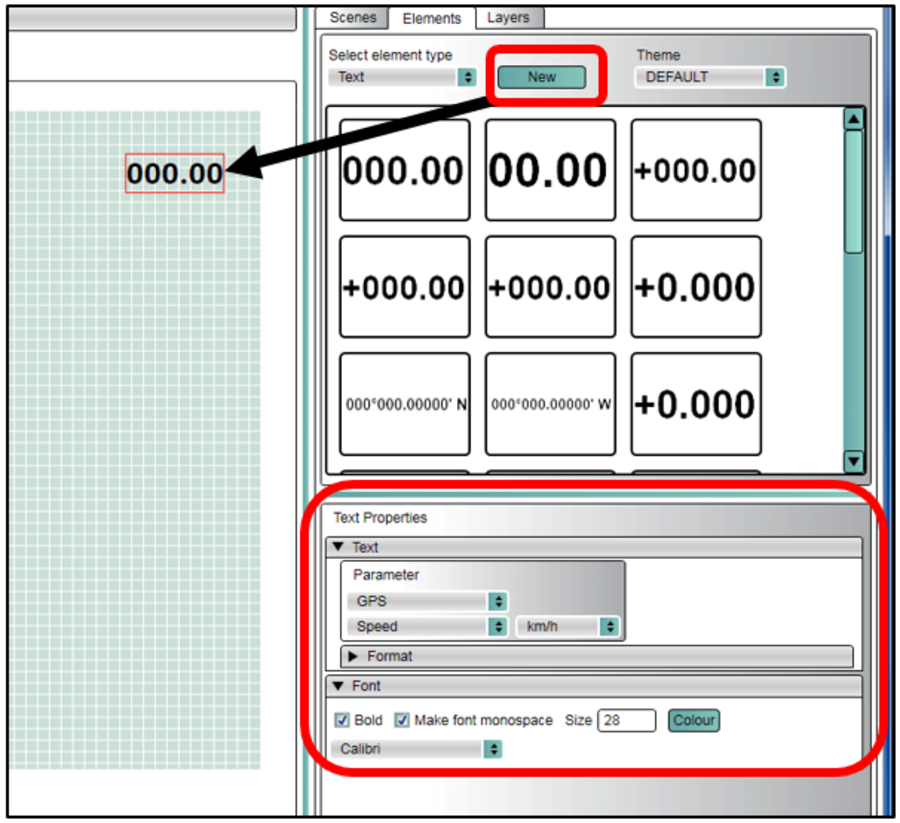 Image depicting adding a new Text element to Video VBOX Setup software.