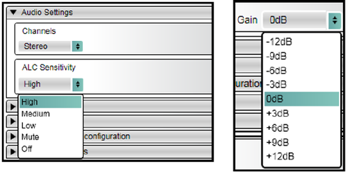 Images showing the Audio Settings and the options available for Gain.