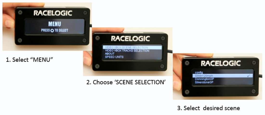 Images depicting how to load a scene via an OLED Display.