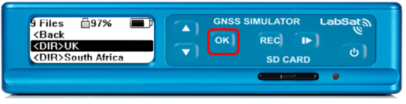 LabSat 3 file browser displaying multiple scenario directories, with the UK folder highlighted and ready to be opened using the OK button.