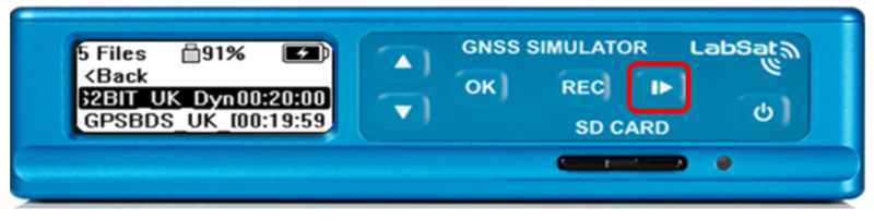 LabSat 3 scenario selection screen with a replay file highlighted and the Play button indicated for starting GNSS scenario playback.