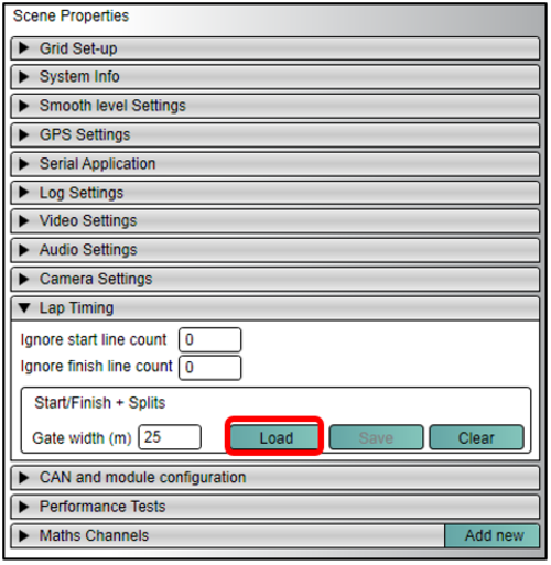 Screenshot of the Scene Properties with the Load button under the Lap Timing section highlighted.