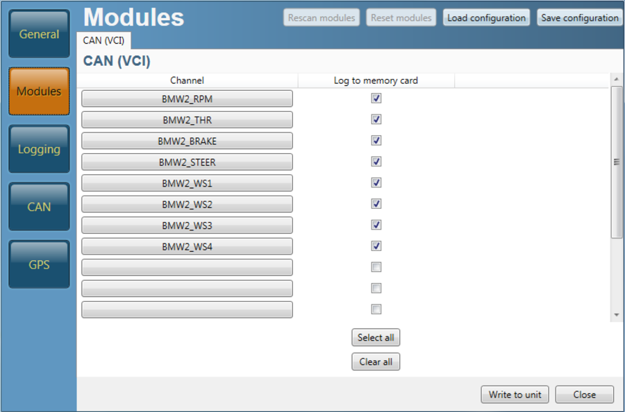 Screenshot of the CAN VCI tab of the Modules menu in VBOX Setup software when connected to a VBOX Micro.