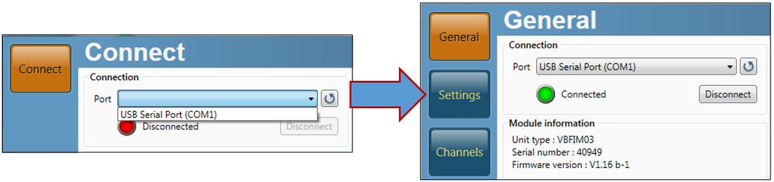 Screenshot of connection options in VBOX Setup software.