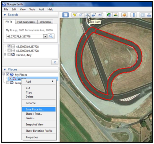 Screenshot of a Start / Finish line being created in Google Earth.