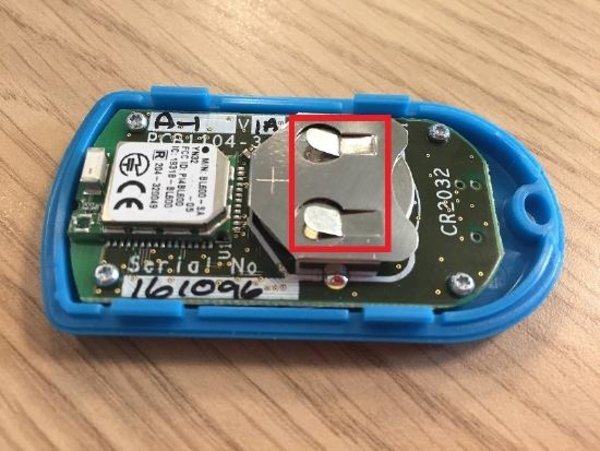 Photograph of the inside of a Wireless Logging Switch, highlighting where to place the battery.