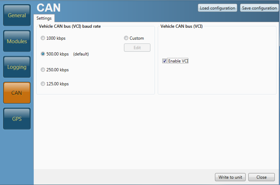 Screenshot of the CAN menu in VBOX Setup software when connected to a VBOX Micro.