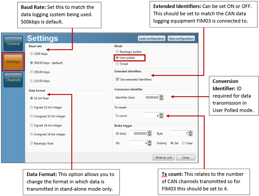 Screenshot of the Settings menu in VBOX Setup software when connected to a Frequency Input module with areas highlighted and labelled.