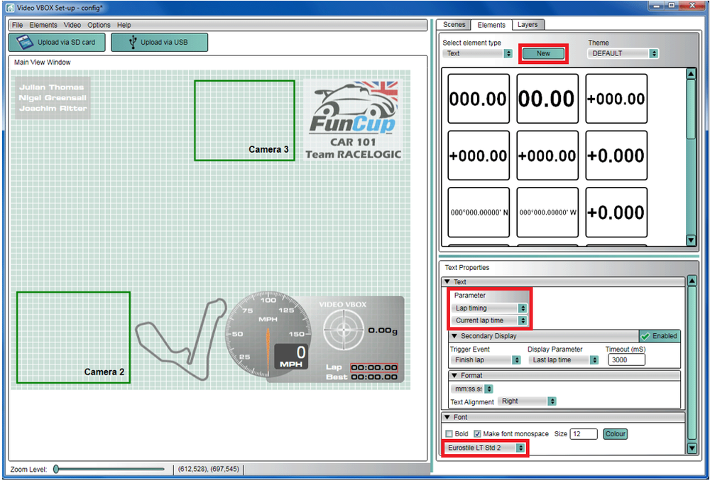 Screenshot of Video VBOX Setup software, with the Elements tab selected. The New button is highlighted along with the Text Properties settings. 