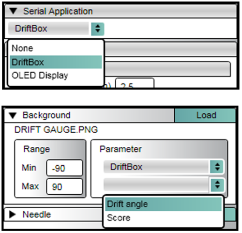 Screenshot of the Serial Application and background settings in Video VBOX Setup software when changing the Serial Application to Driftbox.