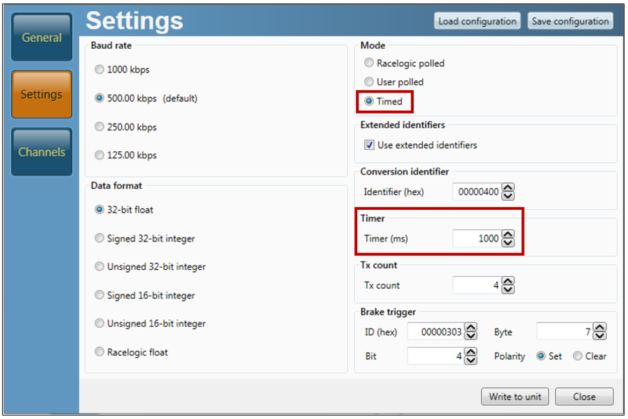 Screenshot of the Settings menu in VBOX Setup software when connected to a Frequency Input module with Timed options highlighted.