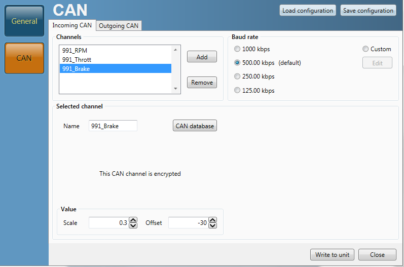 CAN configuration window showing channel selection, baud rate settings, and CAN database configuration options.
