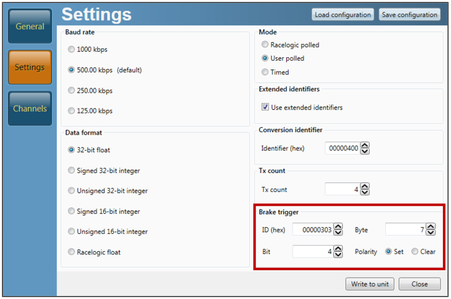 Screenshot of the Settings menu in VBOX Setup software when connected to a Frequency Input module with Brake Trigger options highlighted.