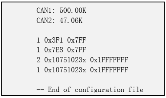 Configuration file snippet displaying CAN ID filtering rules and hexadecimal mask values.