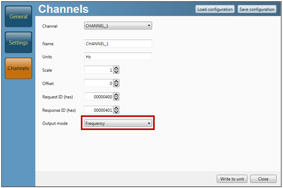 Screenshot of the Channels menu in VBOX Setup software when connected to a Frequency Input module with Output Mode option set to Frequency and highlighted.