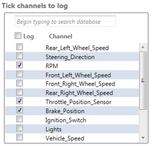 Screenshot of the Tick Channels to Log selection window.