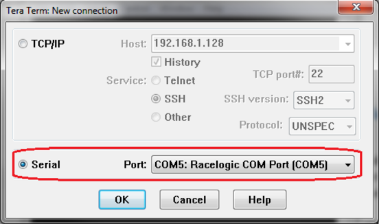 Tera Term connection setup configured for a serial connection using the Racelogic COM port.