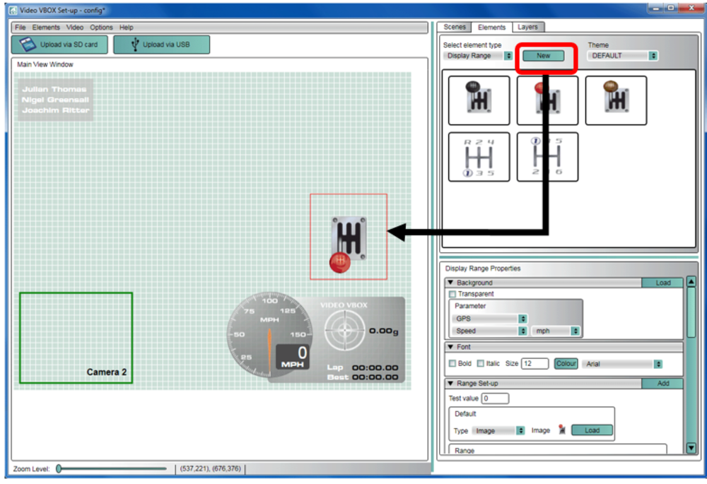 Image depicting how to add a new Display Range element in Video VBOX Setup software.