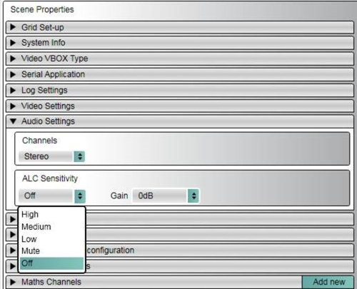 Screenshot of the Scene Properties in Video VBOX Setup with the Audio Settings expanded.