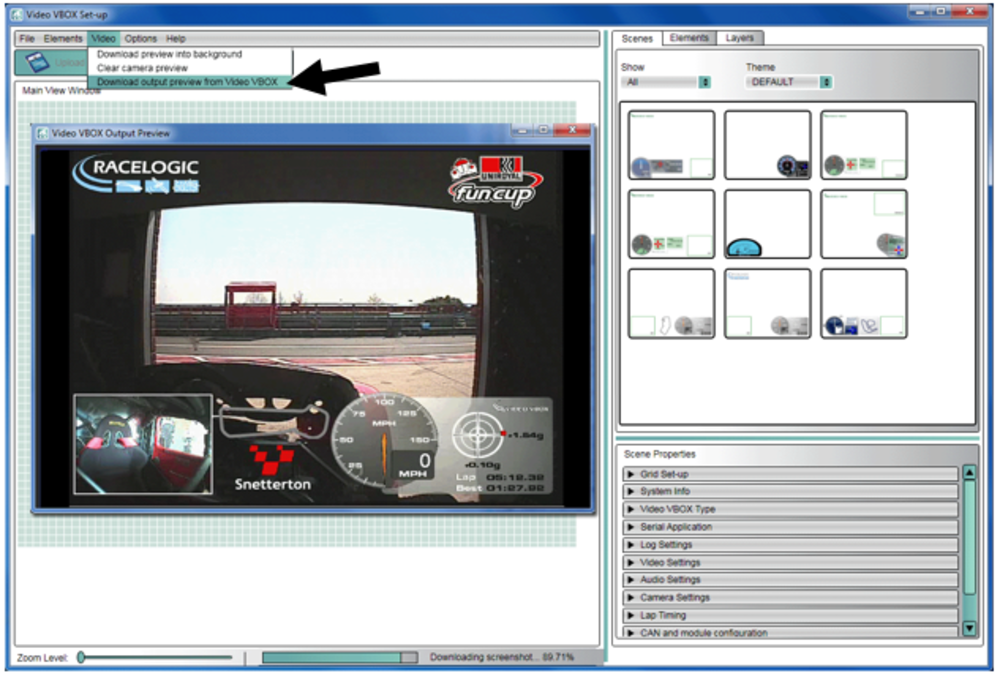 Screenshot of Video VBOX Setup software with a video preview from a connected Video VBOX unit.