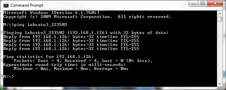 Windows Command Prompt showing a successful ping test response from a LabSat device over a network connection.