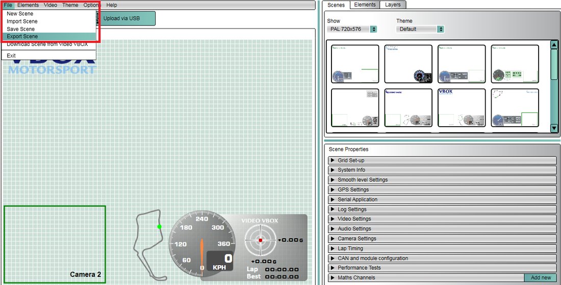 Screenshot of Video VBOX Setup software with the File Menu highlighted.