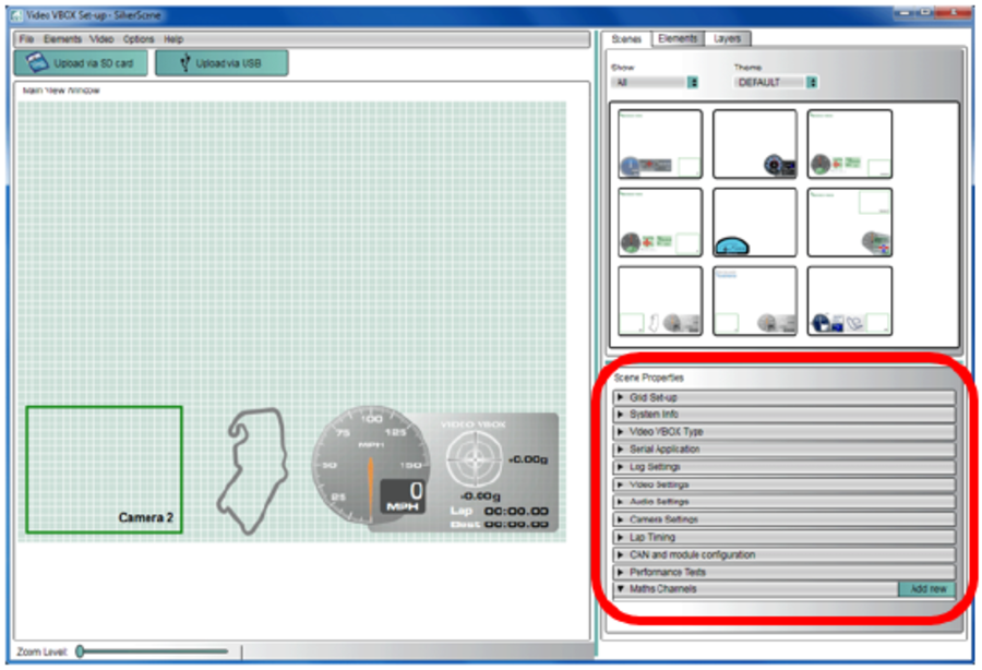 Screenshot of Video VBOX Setup software with the Scene tab selected and the Scene Properties area highlighted.