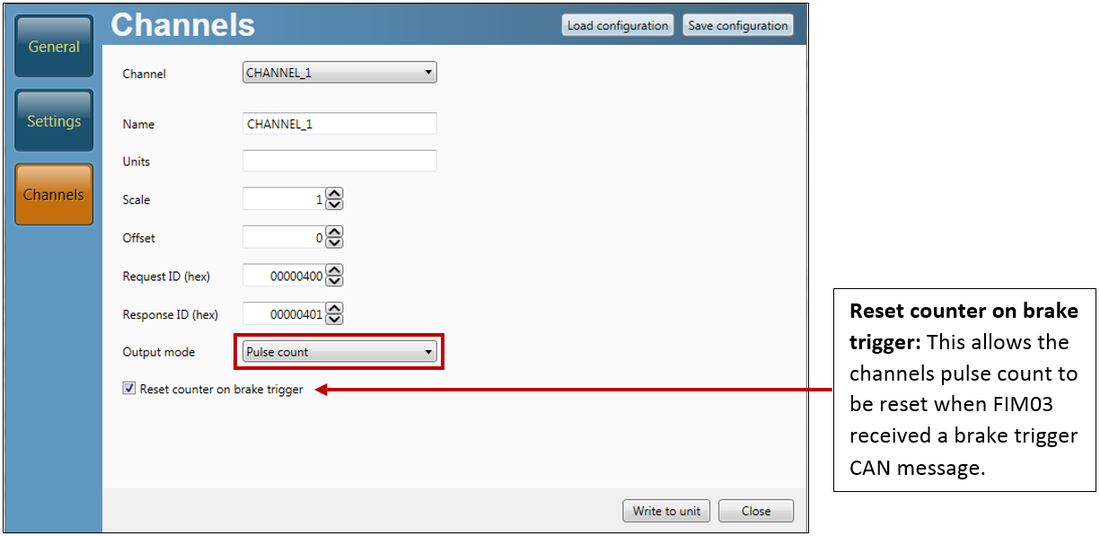 Screenshot of the Channels menu in VBOX Setup software when connected to a Frequency Input module with Output Mode option set to Pulse Count and highlighted.