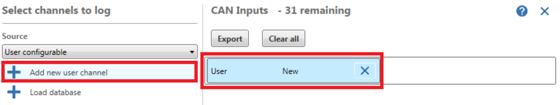 Screenshot of the Select Channels to Log settings with Add New User Channel highlighted.