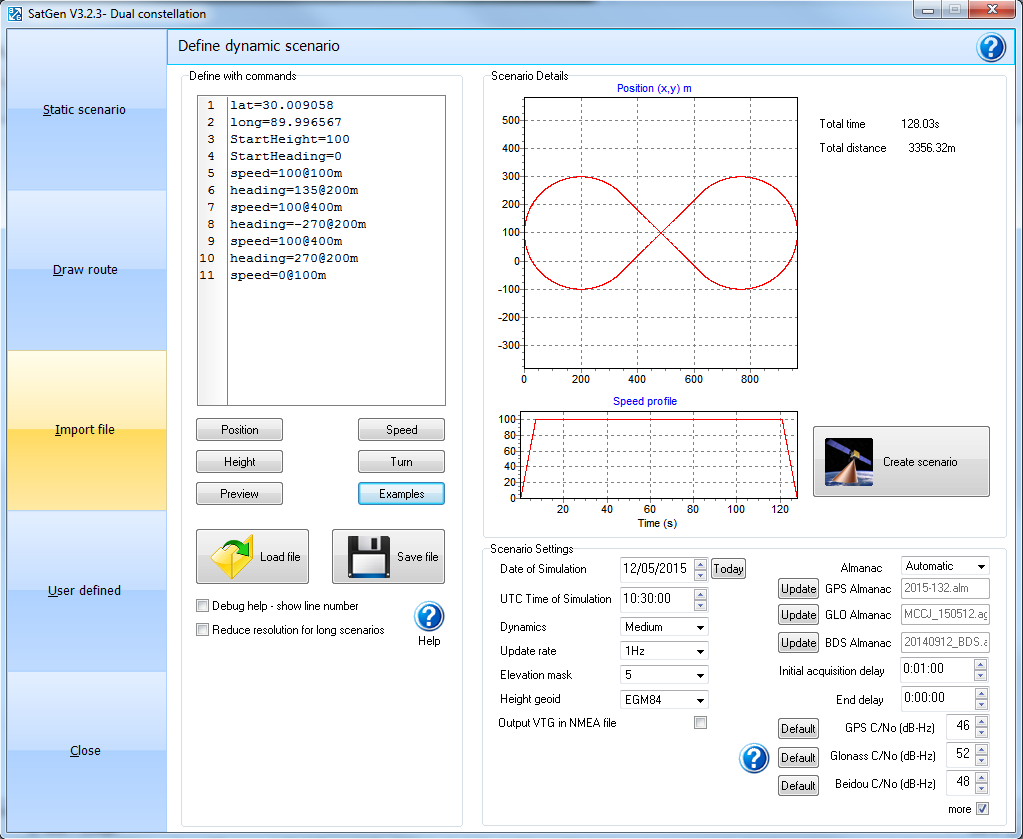 SatGen dynamic scenario creation interface showing route definition and scenario simulation settings.
