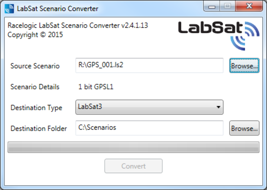 LabSat Scenario Converter utility configured to convert a scenario file for LabSat 3 playback.