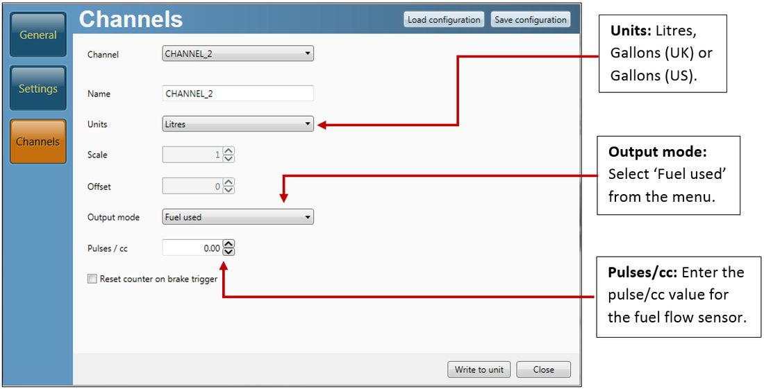 Screenshot of the Channels menu in VBOX Setup software with channel set to CHANNEL_2 and labels to the units, output mode and pulses per cc settings.