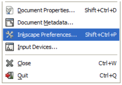Screenshot of the File menu with Inkscape Preferences highlighted.