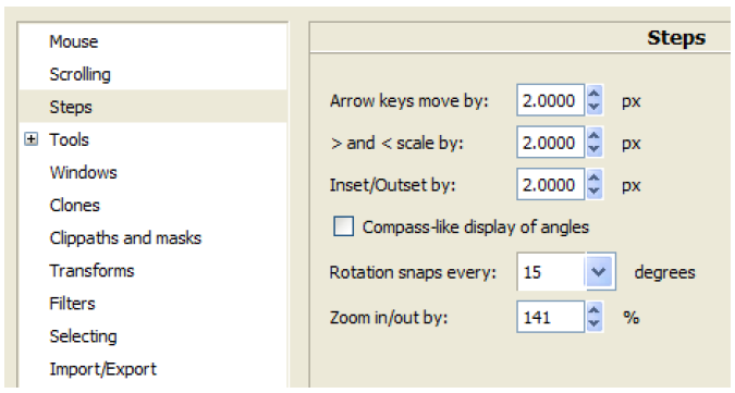 Screenshot of the Inkscape Preferences menu with Steps sub-menu selected.