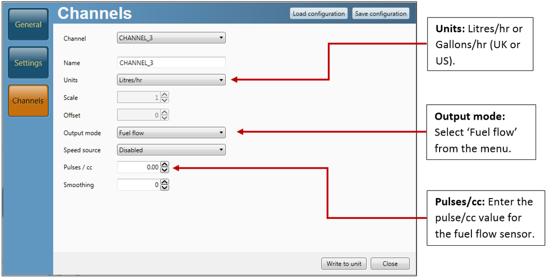 Screenshot of the Channels menu in VBOX Setup software with channel set to CHANNEL_3 and labels to the units, output mode and pulses per cc settings.
