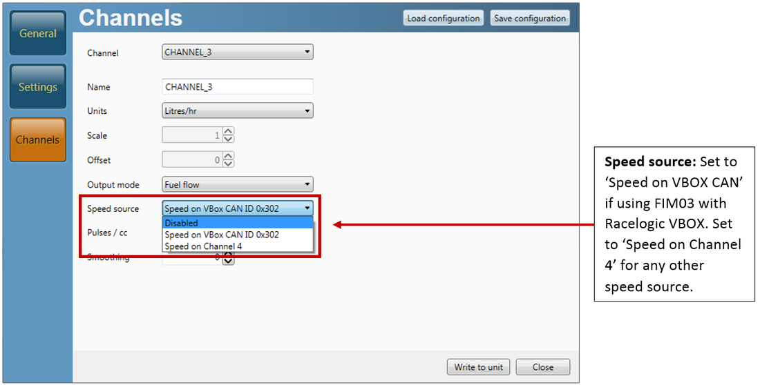 Screenshot of the Channels menu in VBOX Setup software with channel set to CHANNEL_ and the Speed Source highlighted and labelled.