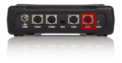 Photograph of a Video VBOX Lite with the AUX port highlighted.