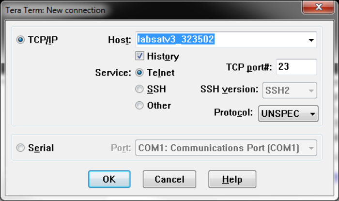 Tera Term new connection window configured for a Telnet connection to a LabSat device.