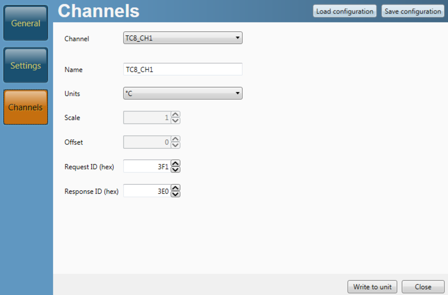 Screenshot of the Channels menu in VBOX Setup software. Response ID (hex) field is set to 3E0.