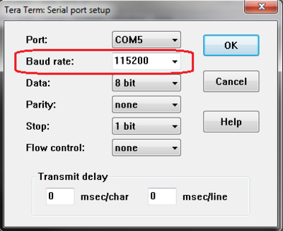 Tera Term serial port setup configured with a baud rate of 115200.