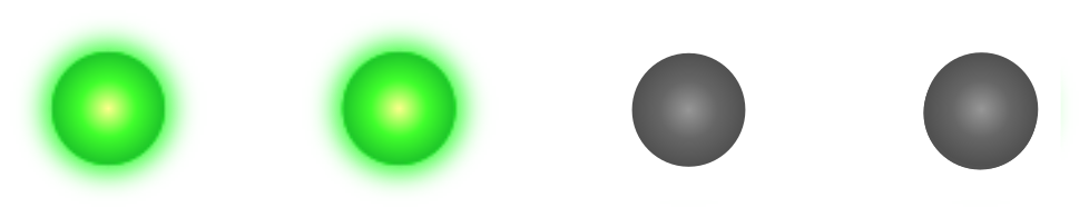 A row of 4 LEDs with the first 2 illuminated in green.