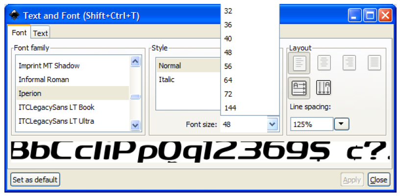 Screenshot of the Inkscape Text and Font menu.