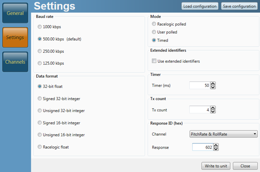 Screenshot of the Settings menu in VBOX Setup software. Response ID (hex) settings show the Channel set to PitchRate & RollRate, and the Response field is set to 602.