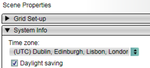 Screenshot of the Scene Properties showing the time zone. 