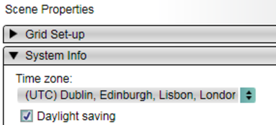 Screenshot of the Scene Properties showing the time zone. 