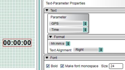 Screenshot of a Text-Parameter element on the canvas with the Text-Parameter Properties on the right hand side. Time is selected.