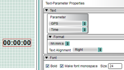 Screenshot of a Text-Parameter element on the canvas with the Text-Parameter Properties on the right hand side. Time is selected.