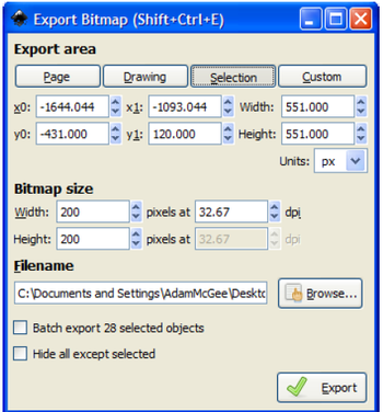 Screenshot of the Export bitmap menu.